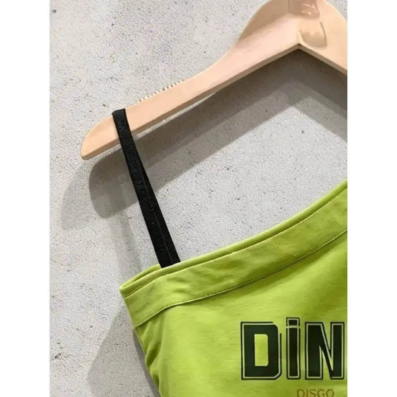 Irregular Shoulder Off-Shoulder Crop Top Women's Letter Print Hollow out Slimming Sexy Short Shirt Metal Buckle Strap Vest