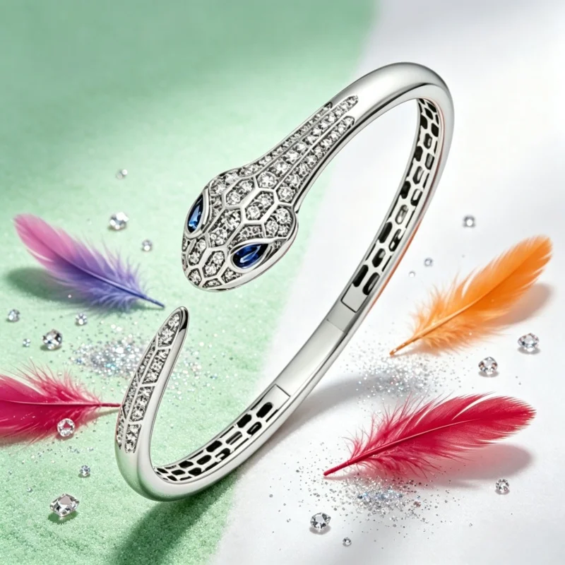 

Crystal-Encrusted Open Snake Bangle Bracelet