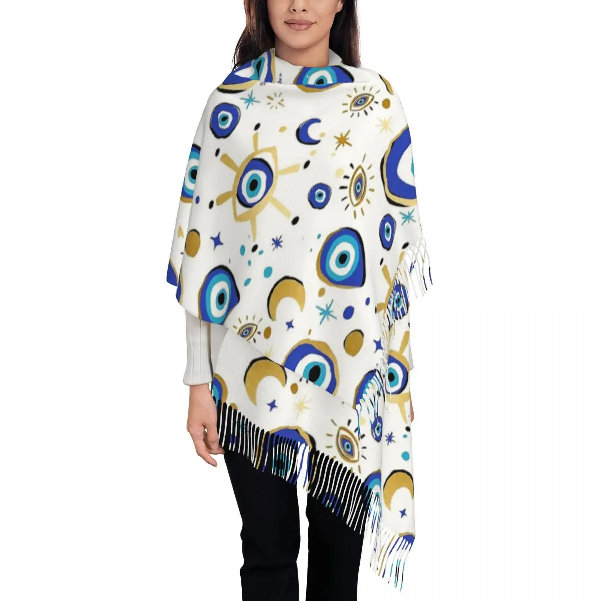 Womens Scarf with Tassel Blue Evil Eye Long Soft Warm Shawl and Wrap Greek Amulet Nazar Lucky Gifts Cashmere Scarf