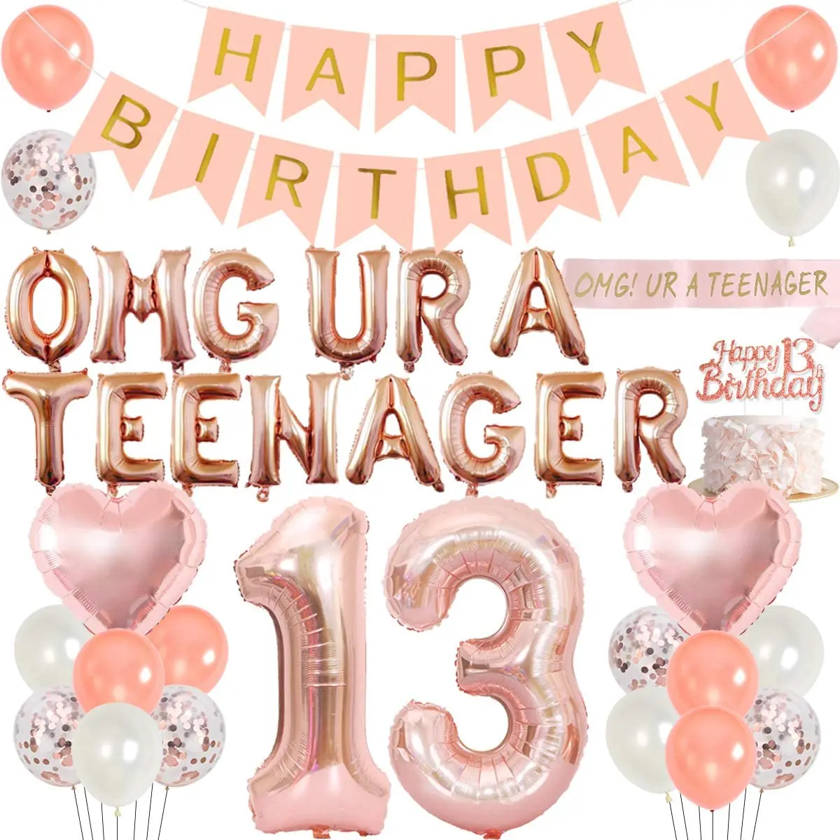 

JOYMEMO Rose Gold Teenager 13th Birthday Party Decoration Omg Ur A Teenager Foil Balloons Banner Cake Topper for 13 Years Old