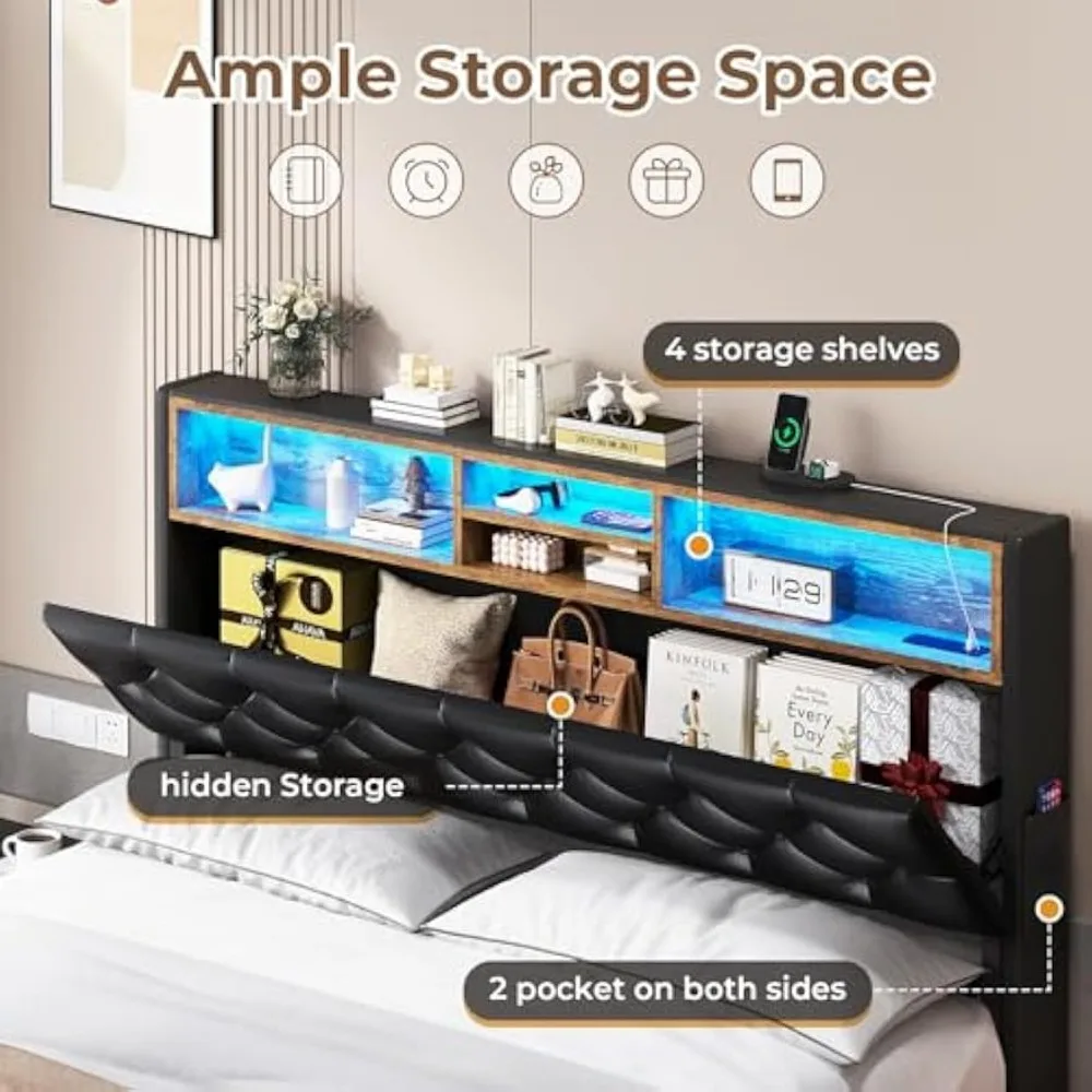 Queen Size Bed Frame with 3-Level Headboard, Storage and Upholstered LED Lighting, 4-Drawer Charging Station Included