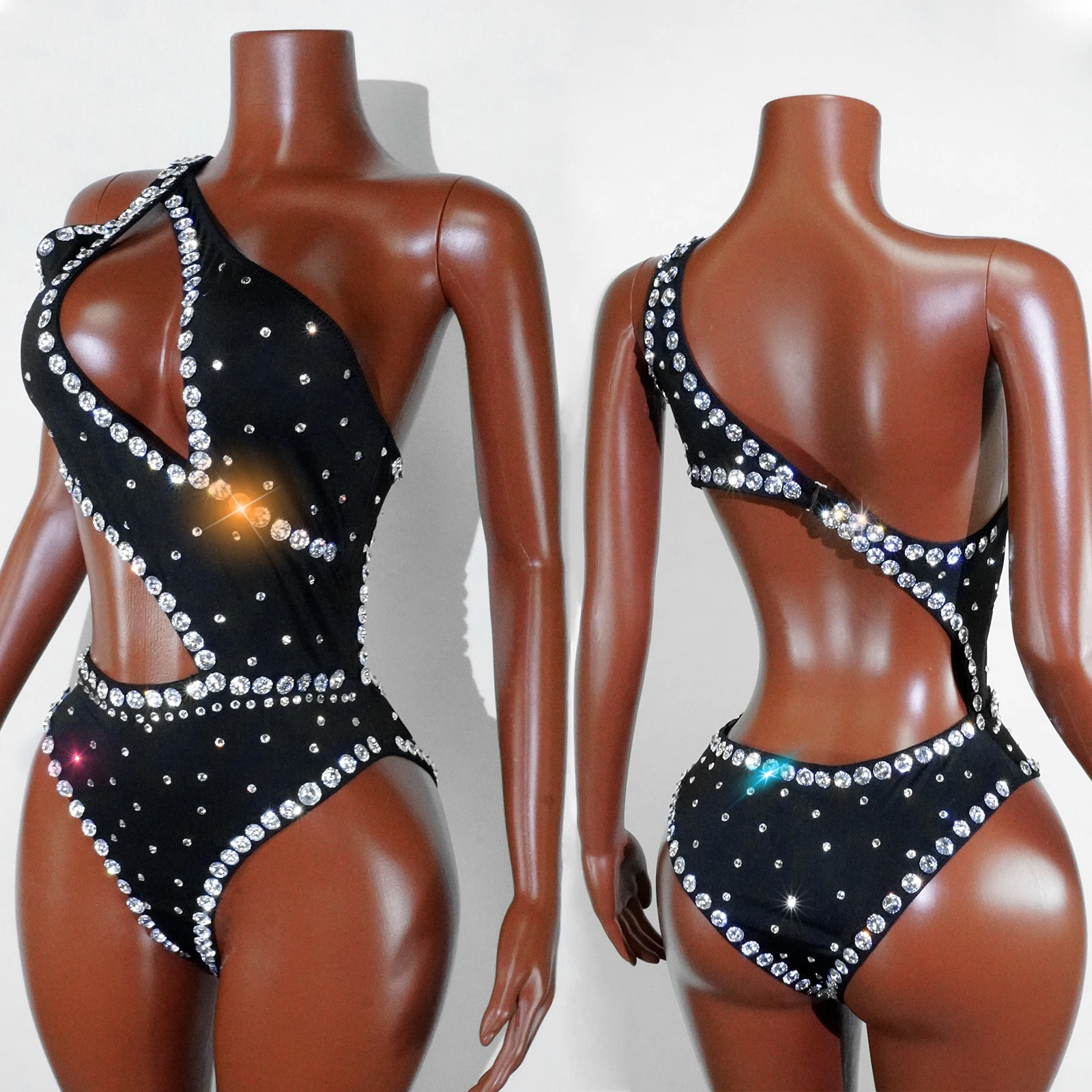 

Sexy Hollow Out Black Crystal Bodysuit For Woman Luxury Sleeveless Leotard Pole Clubwear Costumes Bar Hot Singer Dance Stage