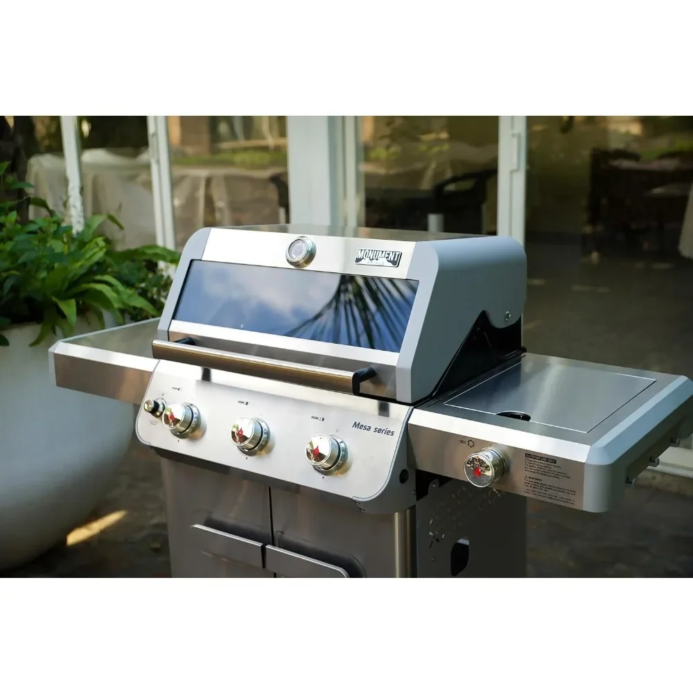 Outdoor Barbecue Stainless Steel 3 Burner Propane Gas Grill, 48,000 BTU Patio Garden Grill with Side Burner and LED Controls