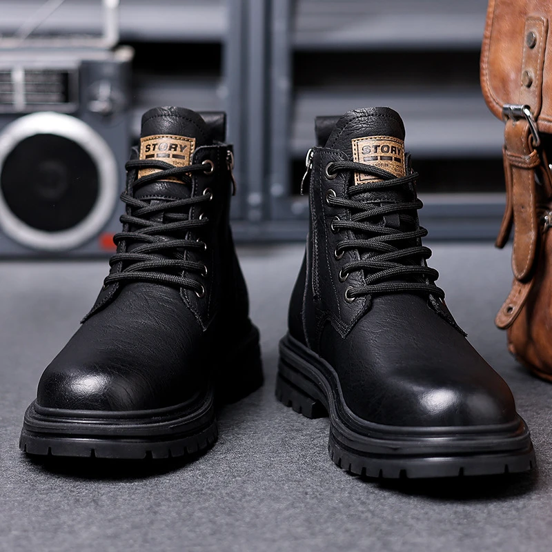 Picture 6: Mens Brown Vintage Leather Combat Boots Side Pocket Decor Lace Up Chunky Sole Ankle Boots Casual Work Daily Travel Shoes Fashion