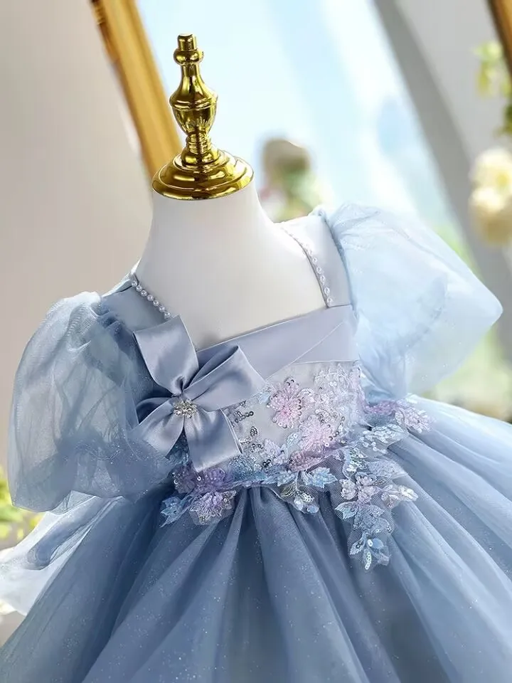 맞춤형 소녀 성찬식 드레스 리본 풀 레이스 플로럴 소매 이중 레이어 플로럴 레이스 미니브라이드 플라워 키즈