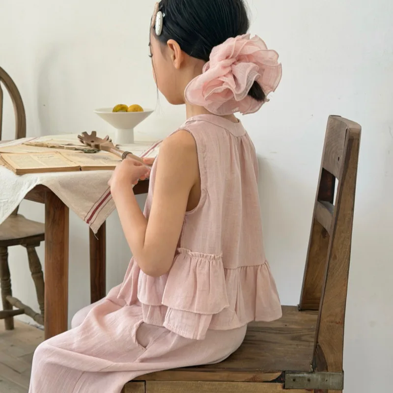 26 Spring Summer Girls Pink Cotton Linen Sleeveless Top Wide-Leg Pants 2piece Set Ruffle 4-16 Years Outfit Children Clothes
