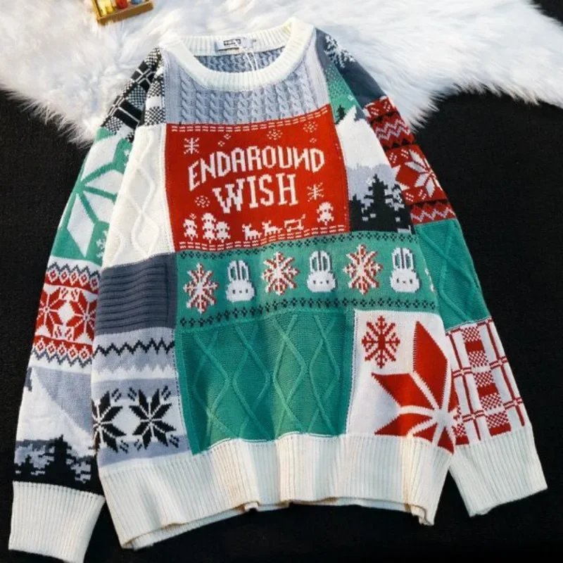 

Men's Trendy Brand Loose Knitted Pullover Top American Niche Spliced Round Neck Sweater