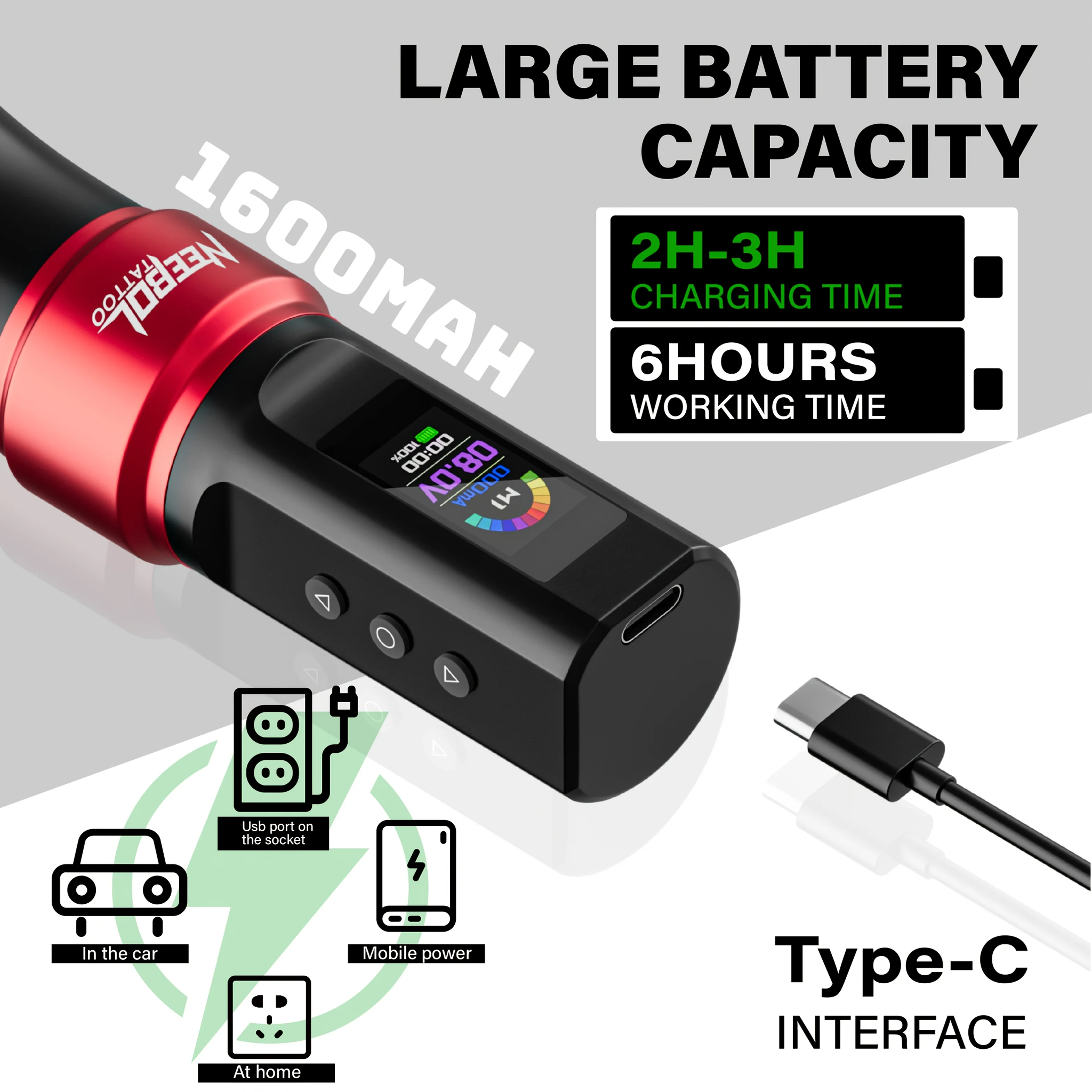 Neebol Cordless Tattoo Pen Kit, Wireless Rotary Tattoo Machine with Screen Display, Metal Grip Body for Steady Handling, Easy Control & Comfortable Use, 3 Memory Modes, 1600mAh Battery, 20 Needles, 7 Inks, Body Art Gift for Artists