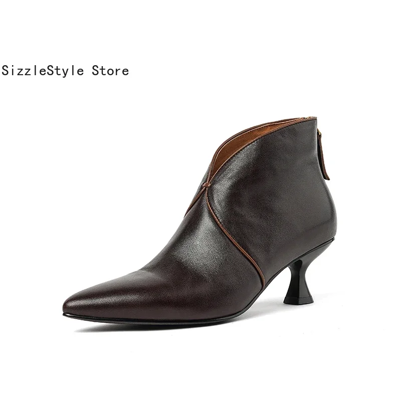 

Spring and Autumn Genuine Leather Solid Color Pointed Toe Rear Zipper Wine Glass Heel Comfortable Low Heel Women's Boots