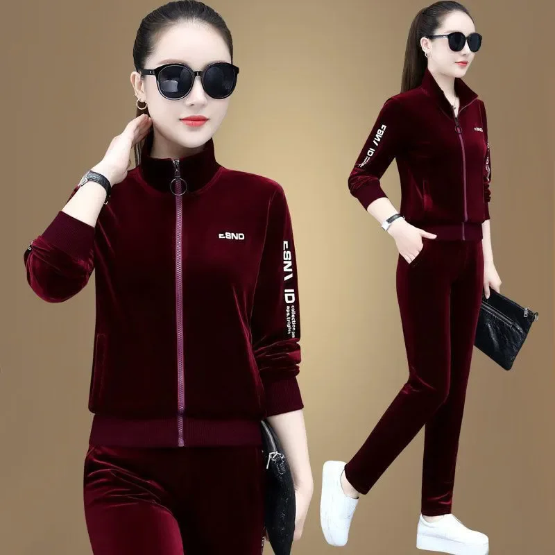 Gold Velvet Sports Suit Women's Spring Autumn New 2025 High-End Collar Medium Loose Chic Casual Sportswear Two-Piece Set