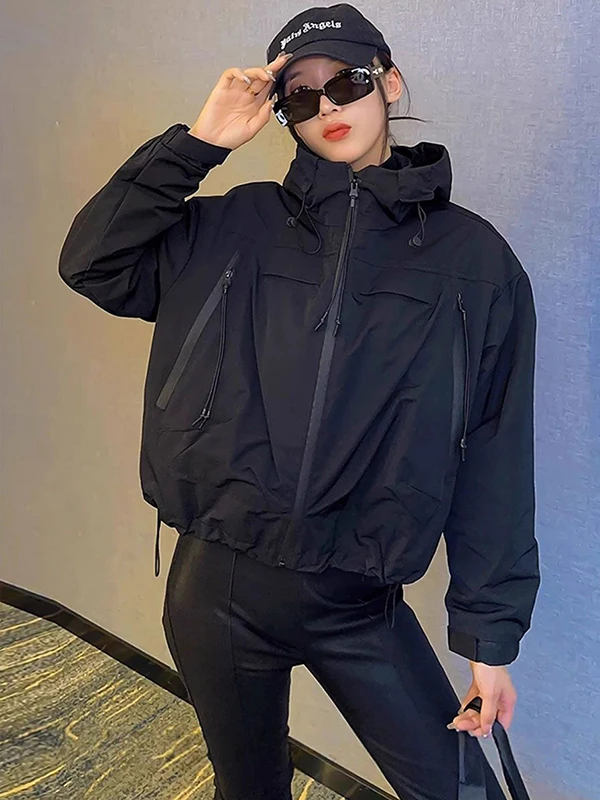 

Осенняя коллекция 2025: Женская свободная куртка-жакет на молнии в корейском стиле, повседневная верхняя одежда из смесового полиэстера с длинными рукавами и капюшоном