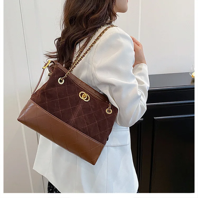 ヴィンテージカラーブロックトートバッグ、女性用、大容量レザーショルダーバッグ、クラシックなチェーンストラップ、仕事やショッピングに使える多用途な財布