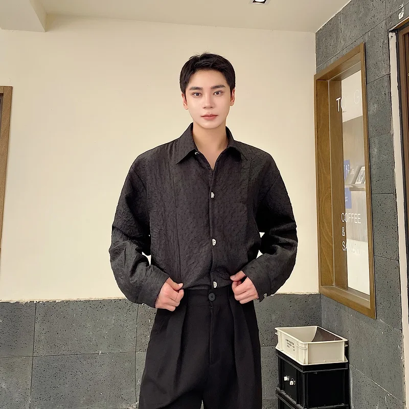 Vintage Metal Buttons Loose Shirts Men High Quality Fashion Jacquard Long Sleeve Men's Social Shirt Turn Down Collar Blouse Male