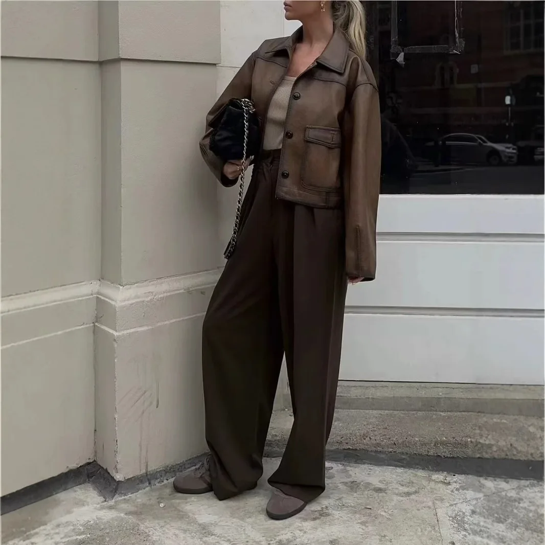 

Women's Retro Brown Leather Jacket American Style Oil Wax Motorcycle Queen Fashion Upperwear by