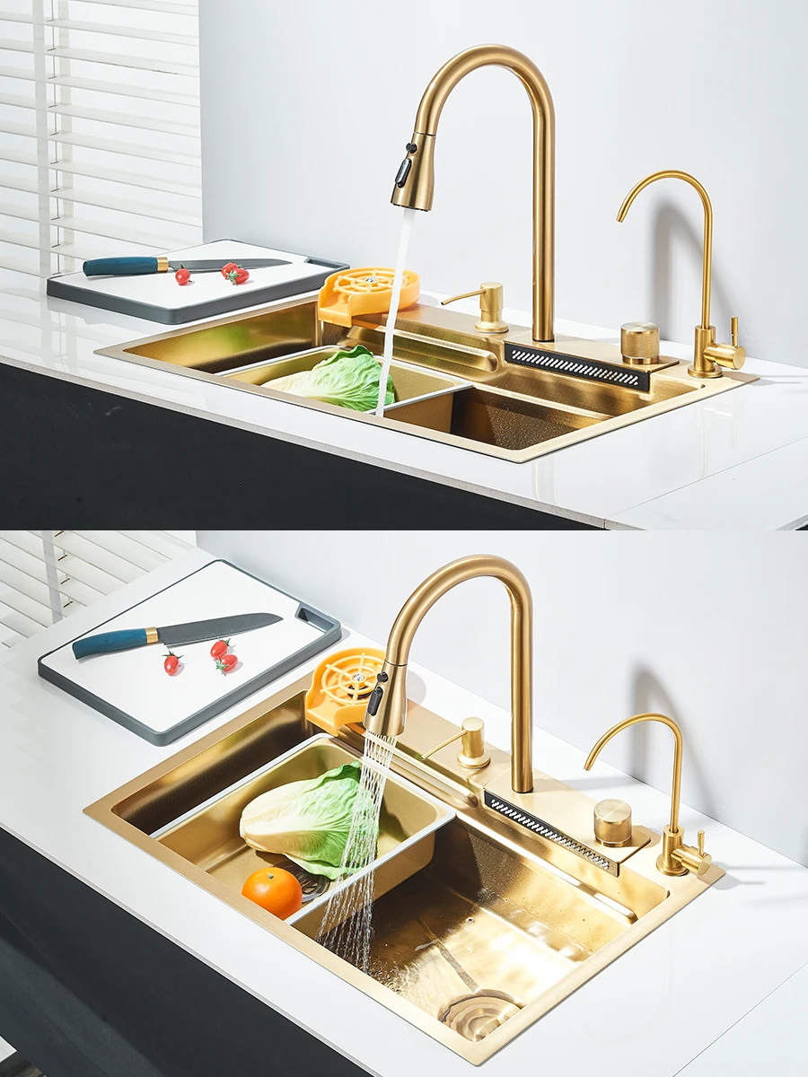 304 stainless steel waterfall kitchen sink large single slot integrated faucet set soap dispenser/pure water/cup washer