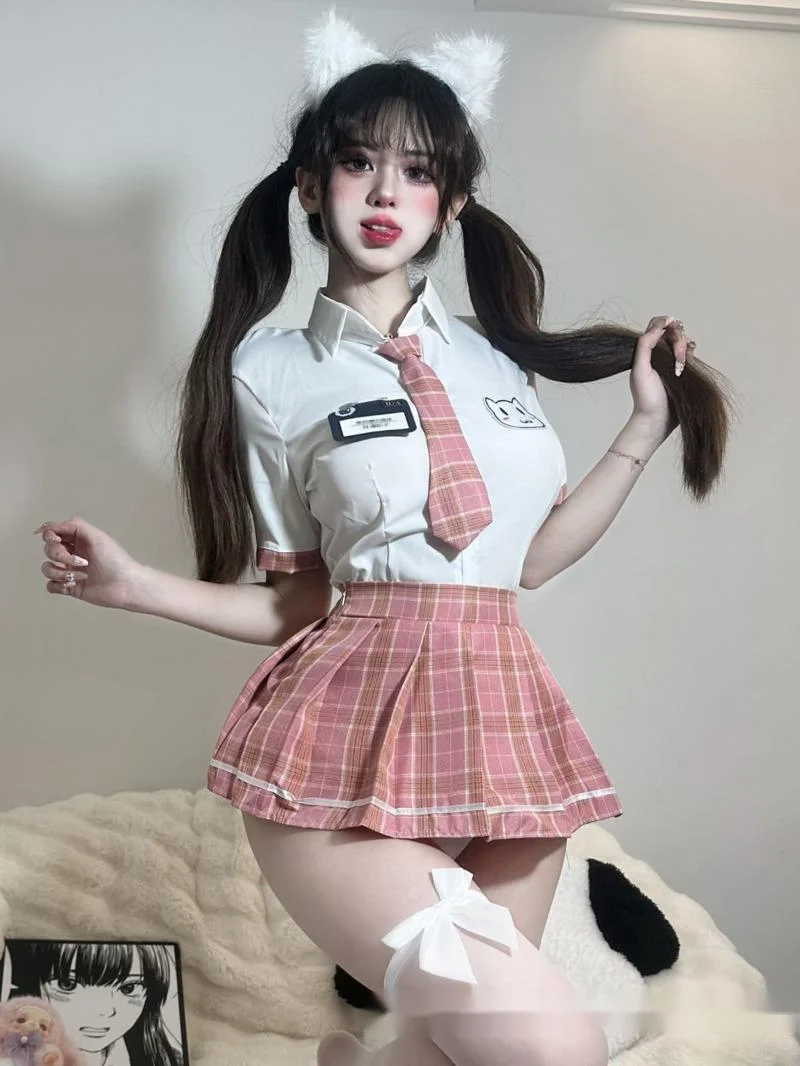 Fashion Sweet Mini Skirts Set Sexy Student JK Uniform Checkered Short Skirt Role-playing Hot Clothing Tempting 2024 New VBB1