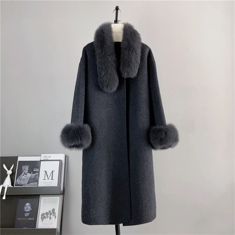 

Double-sided Wool Tweed Long Coat 2024 Autumn and Winter New Pure Wool Fox Hair Removable Overcoat Jacket PT4106