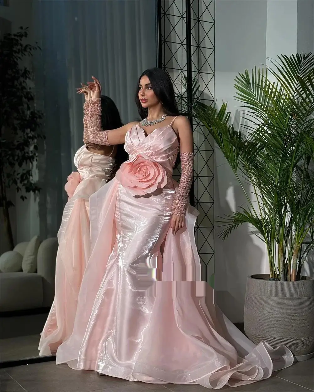 Satin Flower Pleat Evening Trumpet V-neck Bespoke Occasion Gown Long Dresses Saudi Arabia