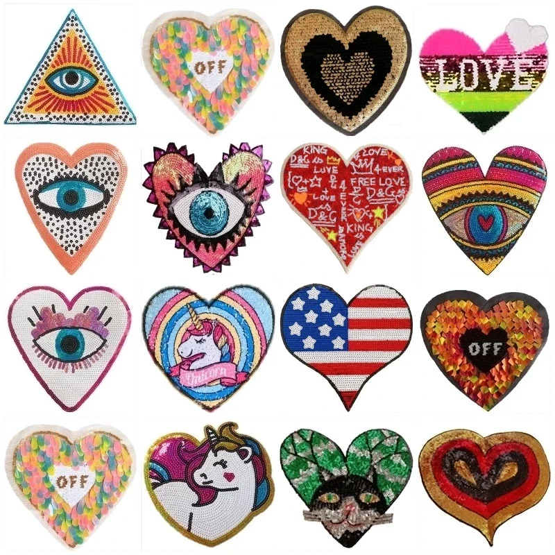 Large Devil Eyes Sequin Patches and Appliques Heart Eye Embroidery Iron-on Patches for Clothing Unicorn Decor Sticker on Jacket