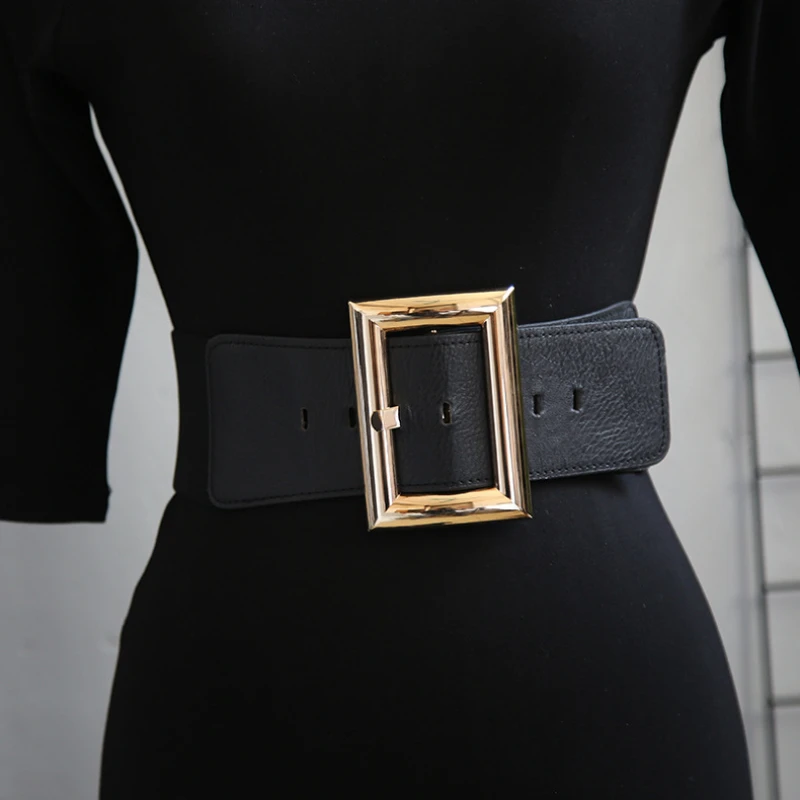 

Personality Luxury Black Fashion High Ouality20204 Wild Square Buckle Elastic Wide BeltSuper PU Leather Waist Seal Matching