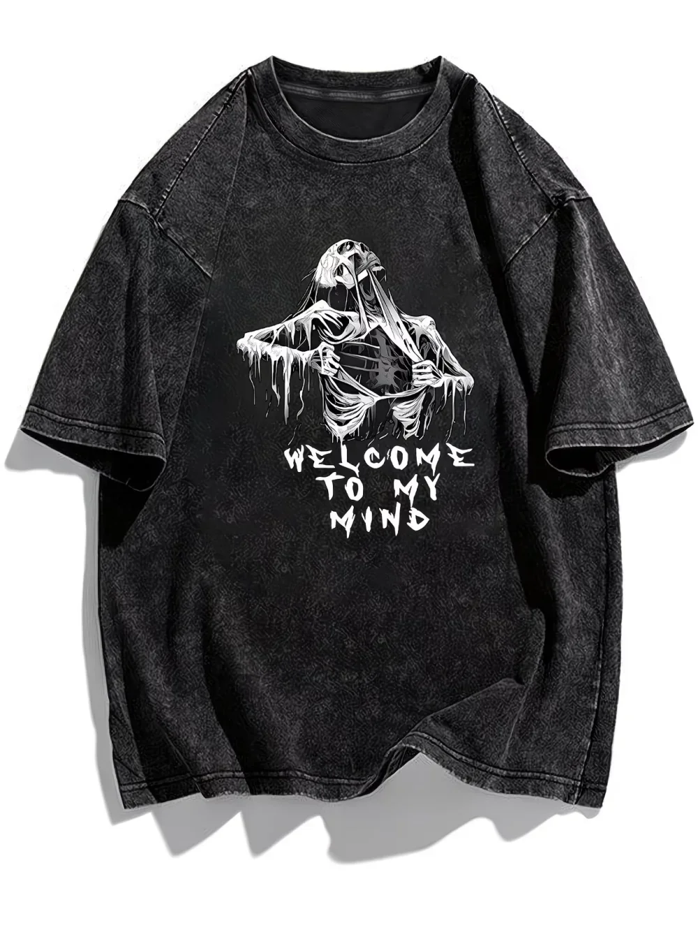 Vintage Acid Wash T-Shirt Welcome To My Mind Graphic Tee Retro Streetwear Top Oversized Casual Unisex Grunge Style Apparel
