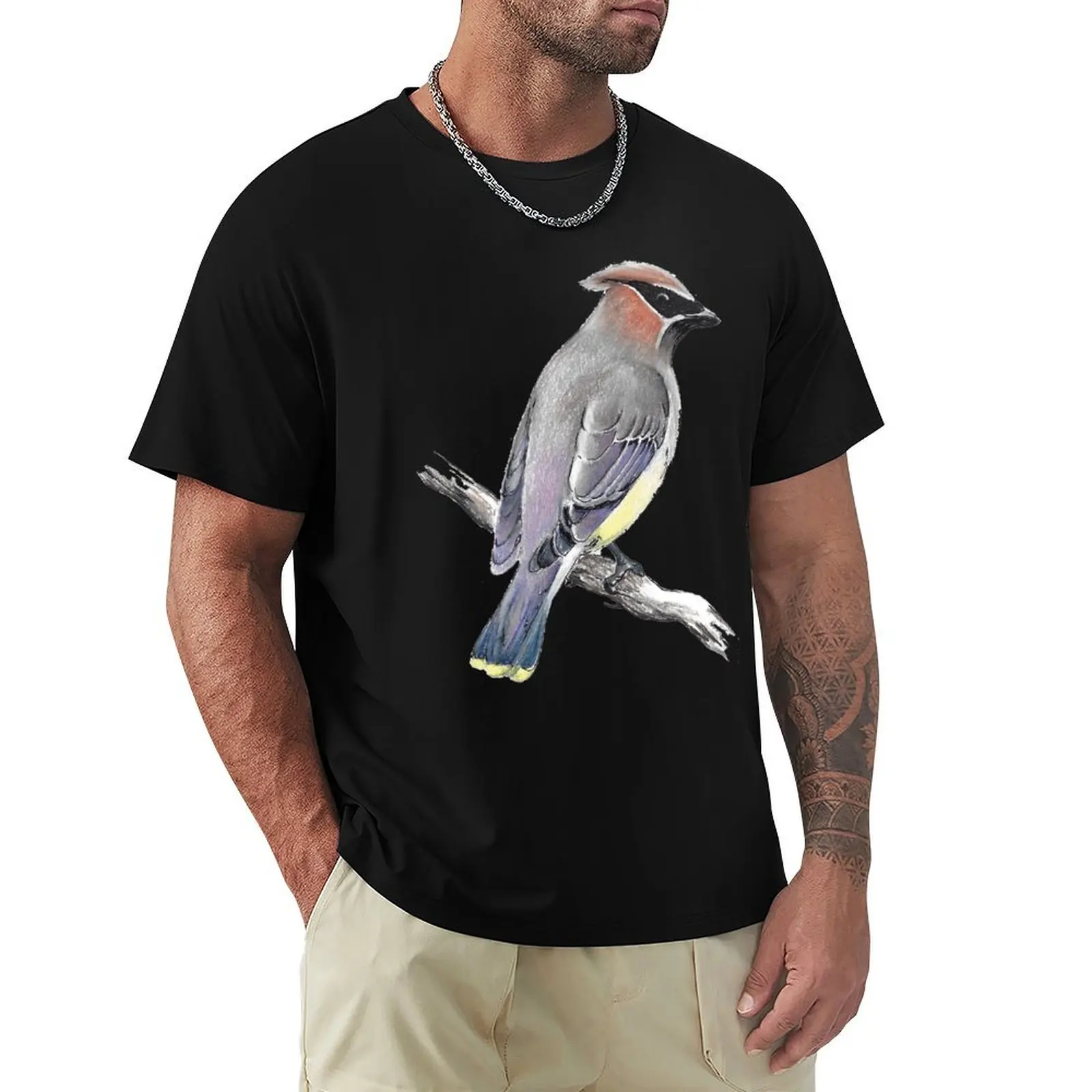 Camiseta Cedar Waxwing de algodão macio e casual com manga curta