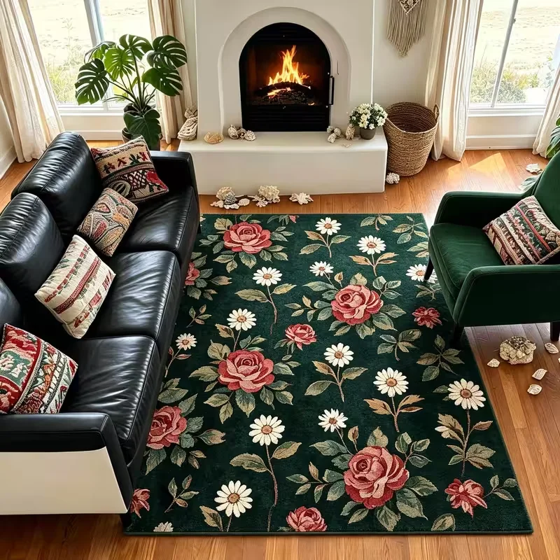 Vintage Floral Area Rug Dark Green Background Rose Daisy Print Soft Floor Mat Retro Flower Carpet for Living Room Bedroom