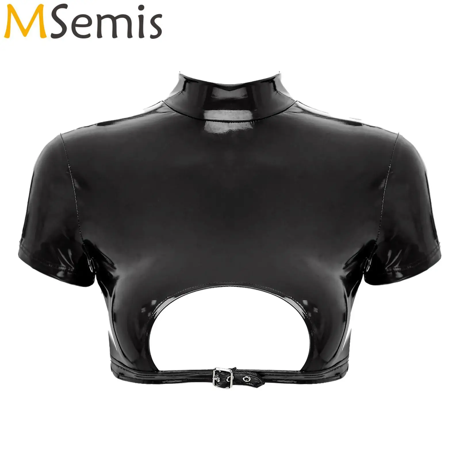 Womens Cutout Buckle Back Zipper Skinny Lingerie Top Bar Disco Clubwear Short Sleeve Little Patent Leather Turtleneck Crop Top