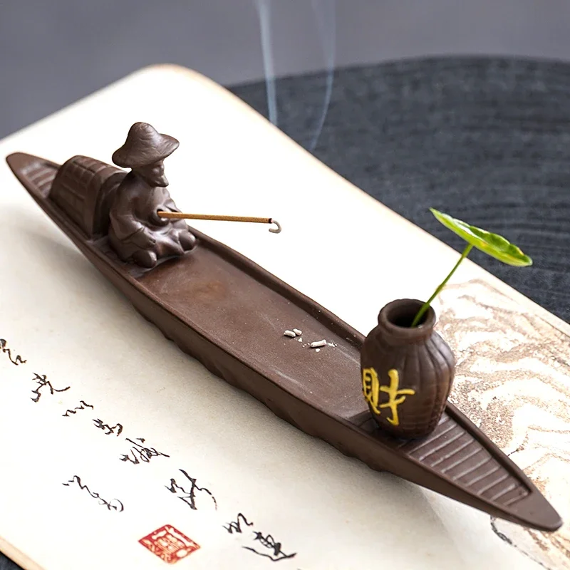 Elderly man fishing, ceramic incense burner, household indoor tea ceremony, Zen decoration