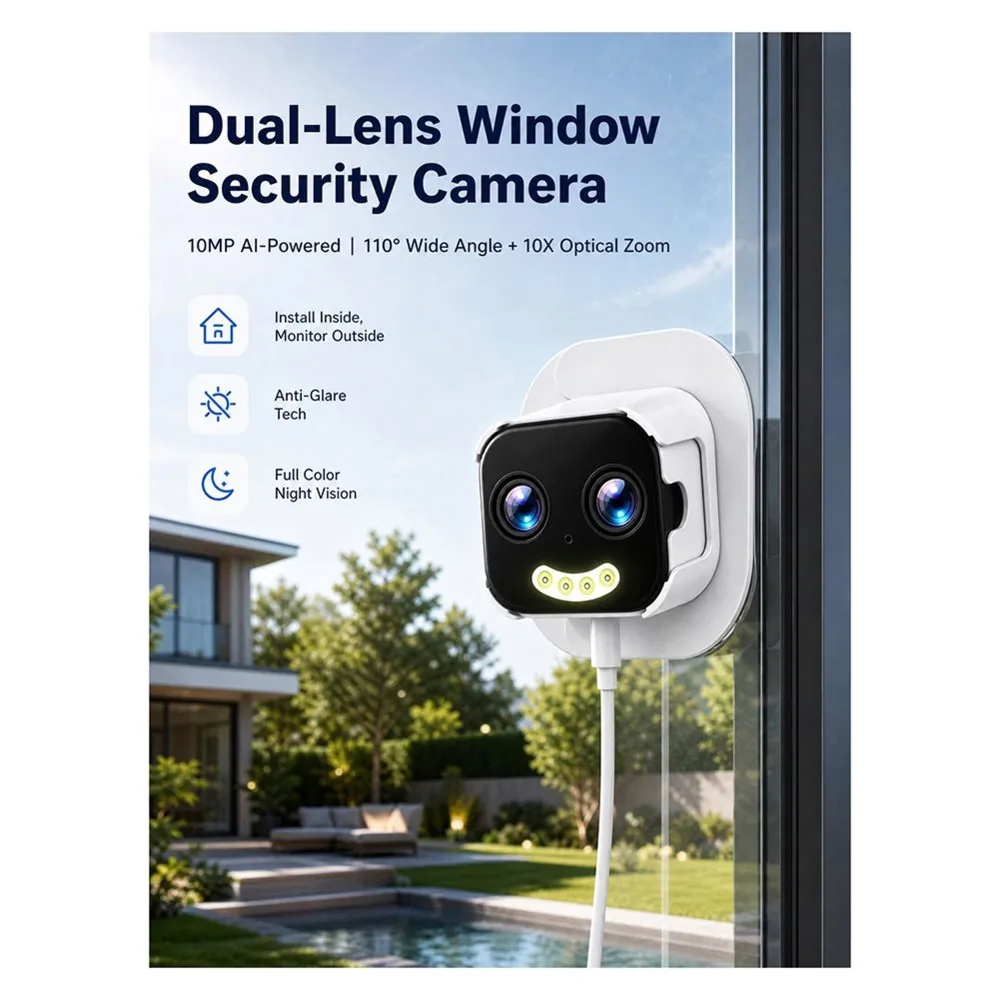 ABFN-Dual Lens 10X ZOOM 5G WIFI HD 10MP Window Camera Night Vision Dual Stand Bidirectional Intercom Mobile Control US Plug