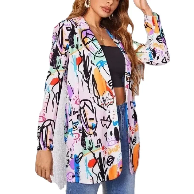 Elegant Women Print Blazer Top Casual Fashion Long Sleeve Lapel Collar Print Open Front Jacket Coat Outwear Y2K INS Clothes