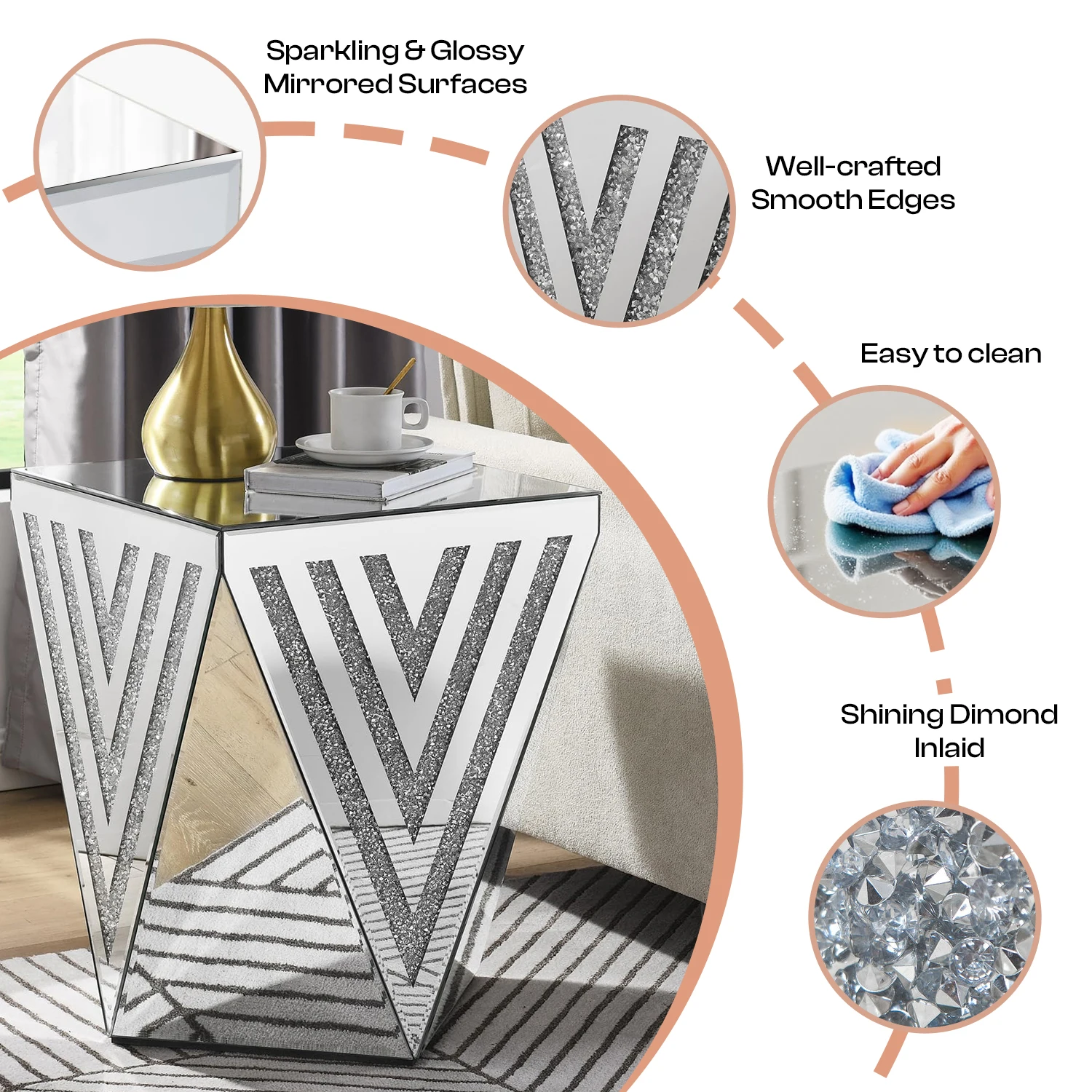 Tavolino a specchio in argento, tavolino in accento con intarsio in cristallo, tavolino da caffè a specchio piccolo per soggiorno, divano, letto