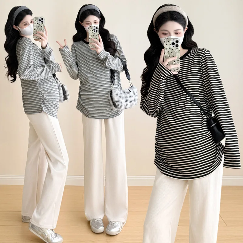 2025-new-maternity-t-shirt-spring-autumn-striped-long-sleeve-knit-t-shirt-loose-round-neck-base-layer-versatile-top
