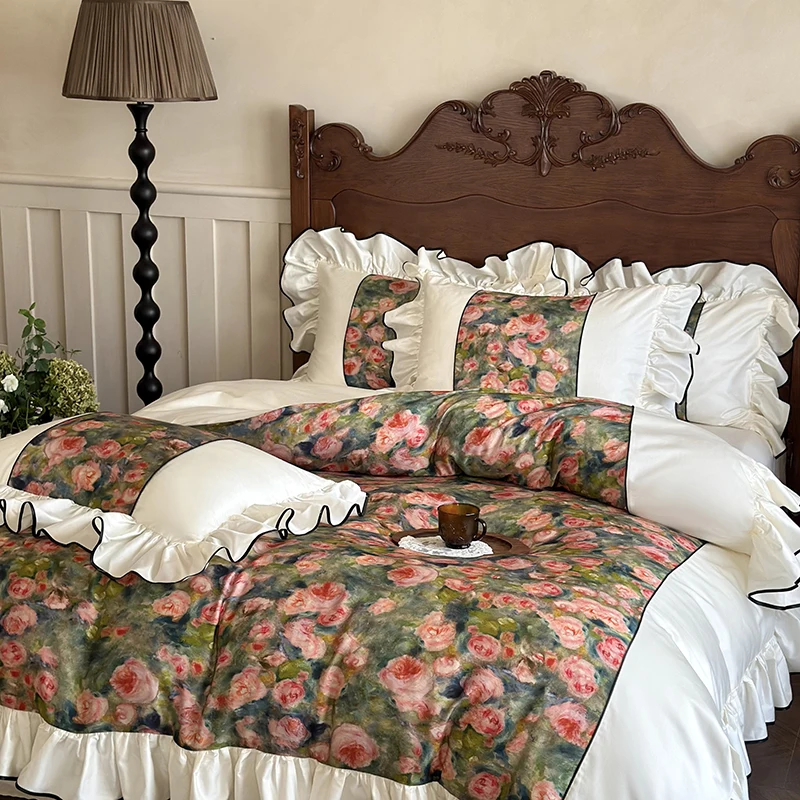 

Digital Flowers Printing Bedding Set Luxury Egyptian Cotton Princess Ruffles Duvet Cover Bed Sheet Pillowcases Home Textile