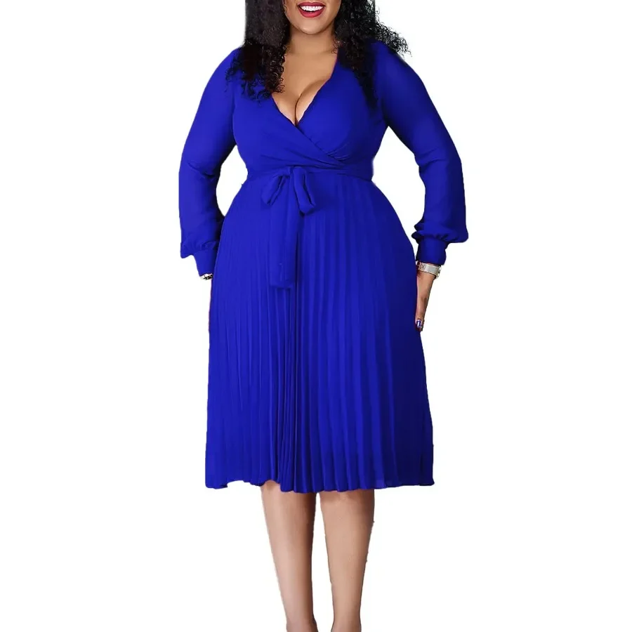 Plus size primavera nova cor sólida combinando cinto com decote em v 3/4 mangas moda deslocamento fino ajuste comprimento médio vestido estilo elegante