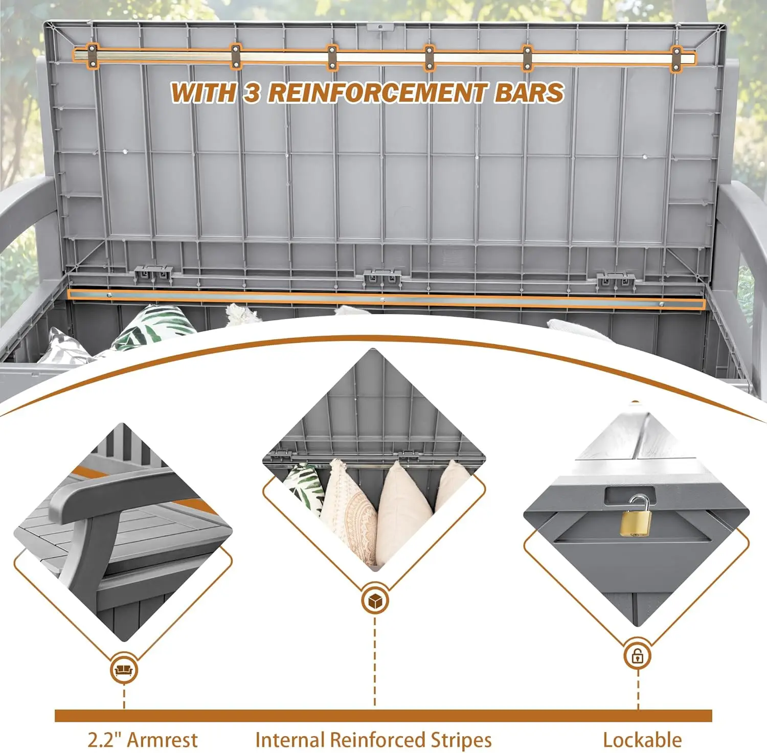 Ławka do przechowywania skrzynia pokładowa o pojemności 80 galonów zamykana na meble ogrodowe, wystrój ogrodu i siedzenia na zewnątrz na poduszki, narzędzia ogrodnicze
