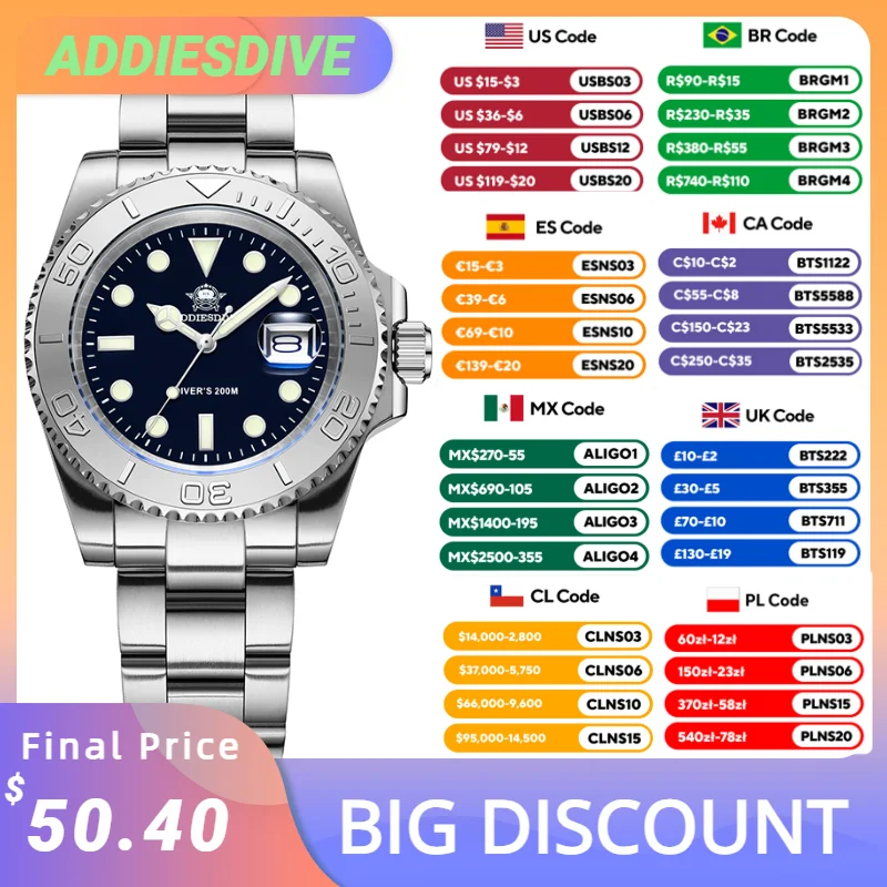 ADDIESDIVE Reloj de cuarzo de primera marca, reloj de pulsera de acero inoxidable 200M para buceador, relojes superluminosos, calendario, reloj de pulsera para hombre MY-H3-C, Reloj Hombre