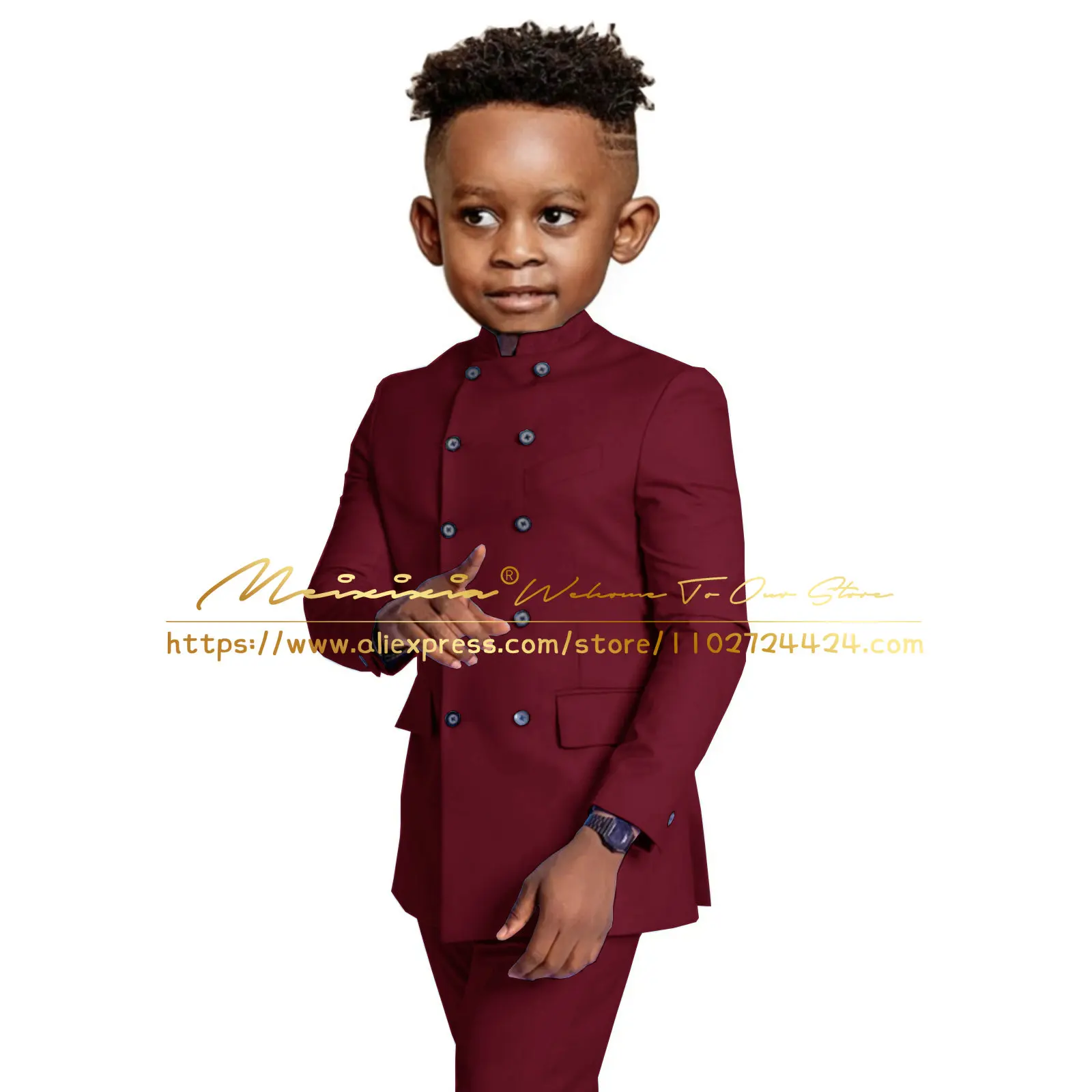 Purple Indian Design Boys Suit Jacket Pants 2 Piece Set Stand Collar Wedding Tuxedo Double Breasted Fashion Kids Blazer