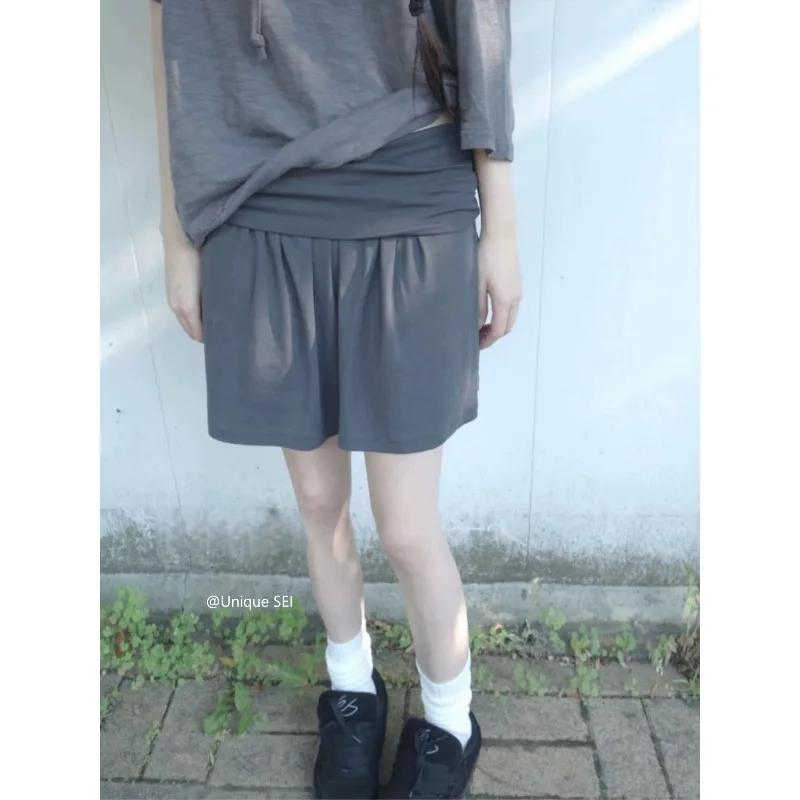 Japanese-style Pleated Casual A-line Skirt Women 2026 Summer New Low Waist Solid Color All-match Knee Length Skirt
