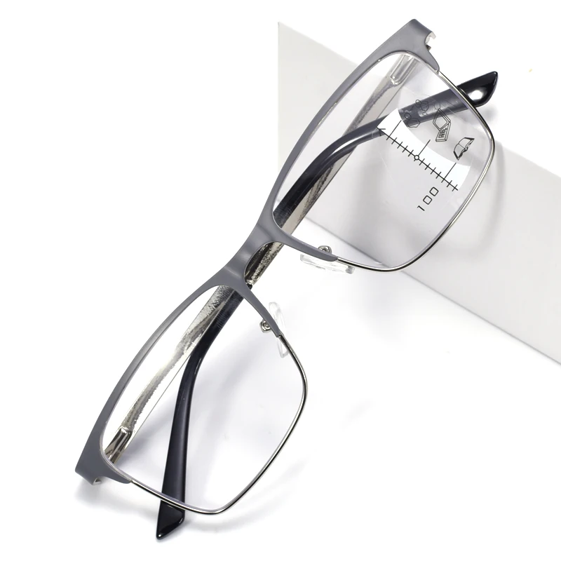 Graue Fassung Progressive Lesebrille für Herren Anti-Blaulicht Metall Große Fassung Multifokale Brille Federscharnier 1,25 1,75
