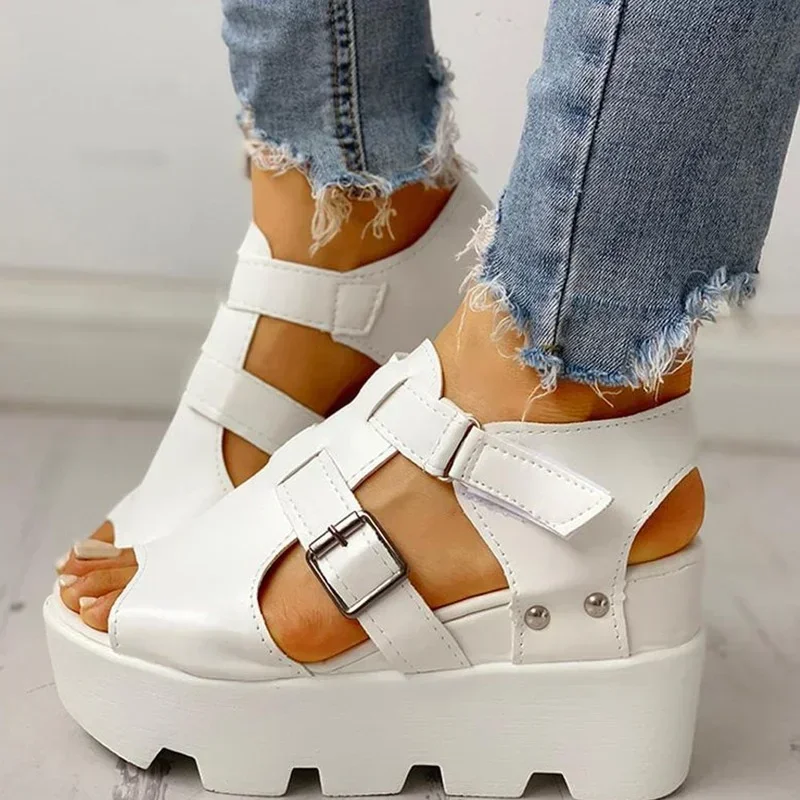 Women Summer Sandals Wedges Heel Black White Casual Designer Shoes Footwear Buckle Strap Open Toe Platform Sandel Women Shoes