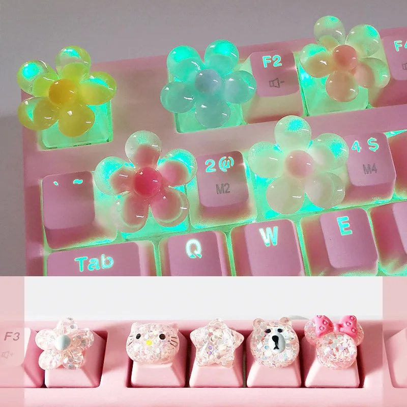 Teclas fofas de desenho animado para teclado mecânico, decoração personalizada artesanal, modelo de flor transparente, para teclas diy