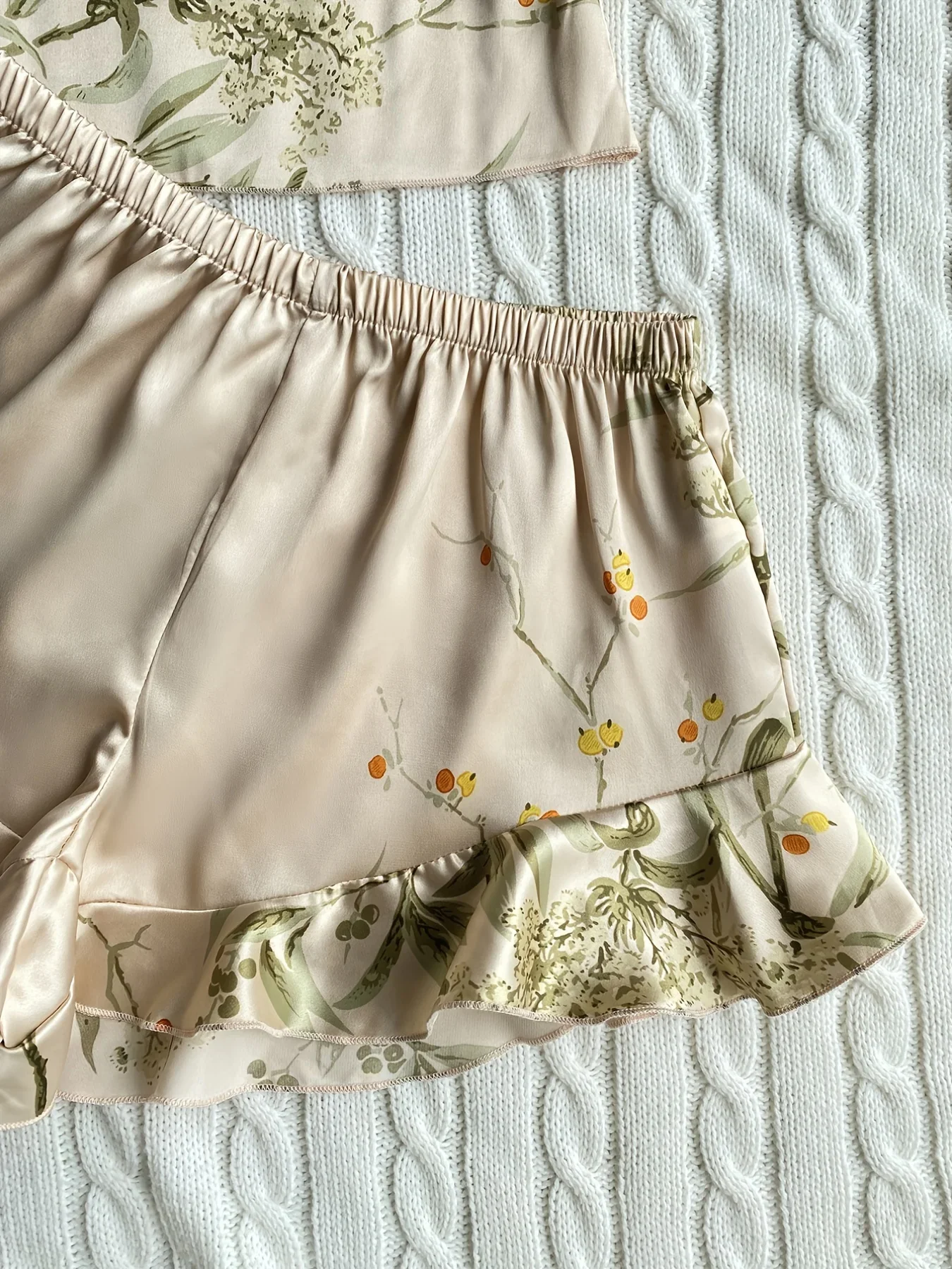 Elegante Cami-Tops mit Blumendruck, Rüschensaum, Shorts, Pyjama-Set, Damen-Nachtwäsche, Loungewear – Detail 15
