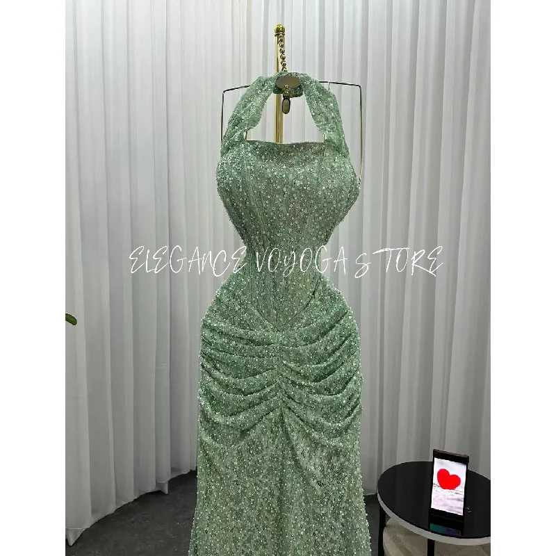 تصميم الأزياء النعناع الأخضر الساحرة الرسن مساء اللباس الفاخرة مثير اللؤلؤ الديكور مع زائدة فستان حورية البحر مذهل