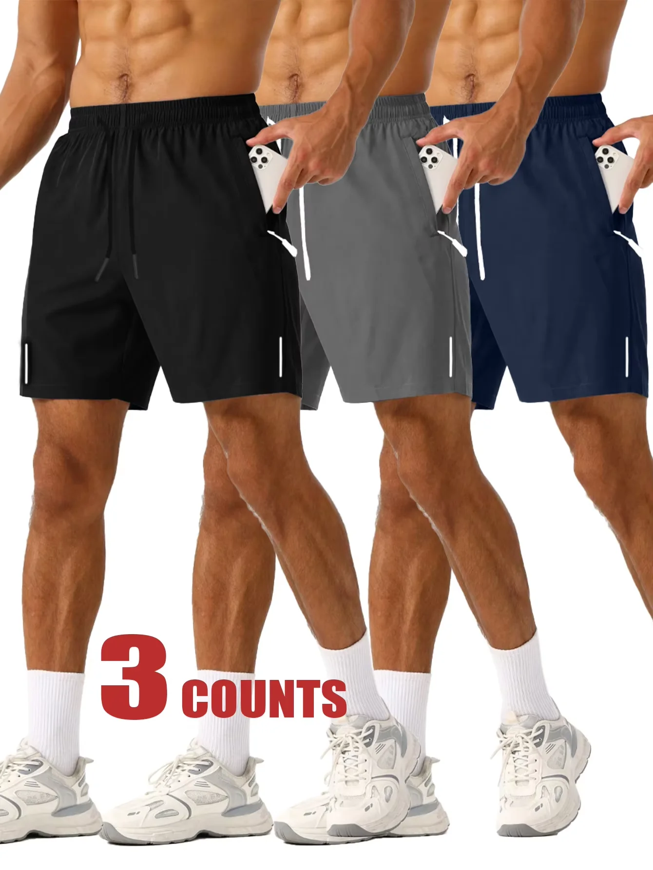 

Men's three-piece athleisure shorts with drawstring elastic waistband, quick drying, beach vacation, summer casual, fitness spor