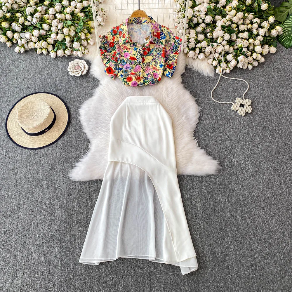 

Женские богемные костюмы с тропическими летящими рукавами, женский летний пляжный отдых, наряд с принтом, остров, Таиландский комплект, рубашка, асимметричные юбки