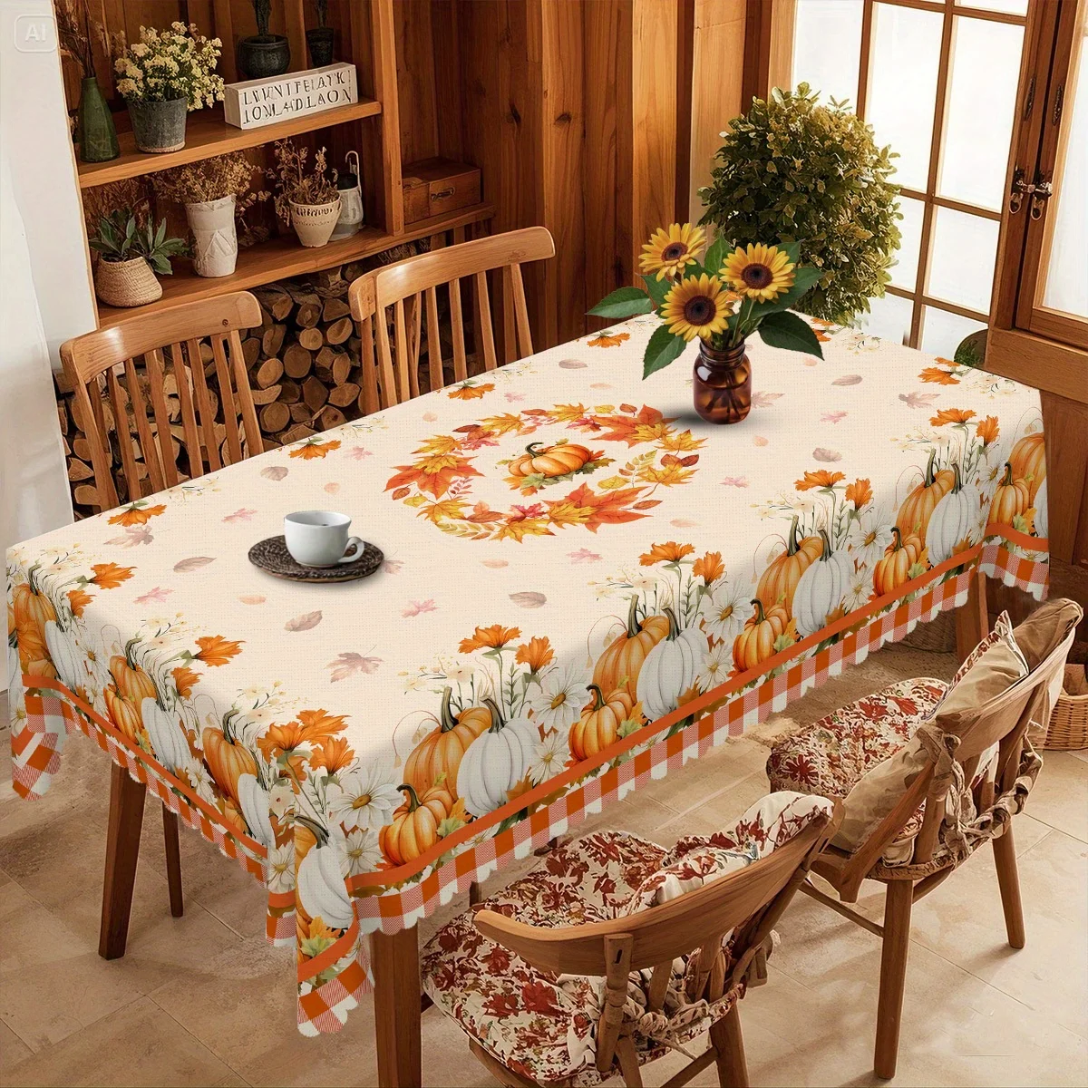 Autumn Harvest Theme Tablecloth, featuring patterns of pumpkins, chrysanthemums and various rural flowers.PMJ