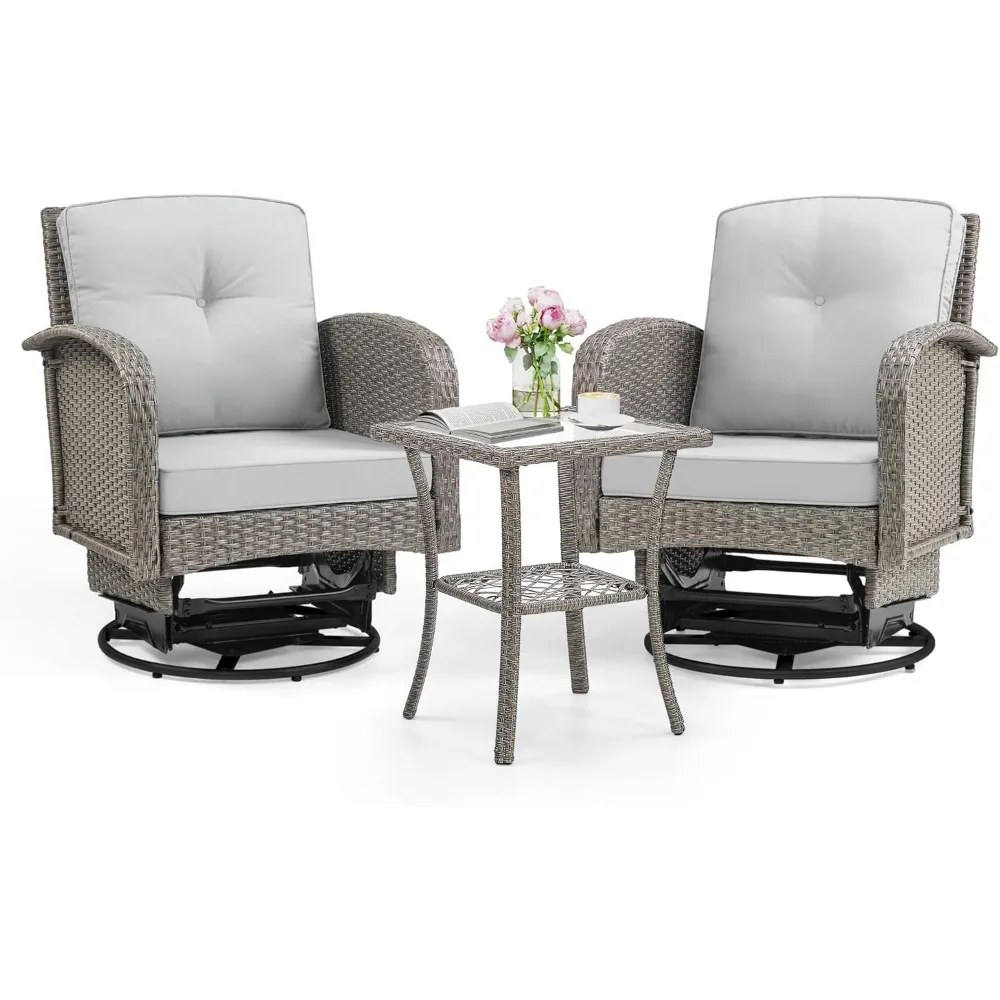 

Outdoor Swivel Rocker Chairs Set, 3 Piece Patio Swivel Chairs Furniture Set, All-Weather Wicker Bistro Set, Washable Cushions, I