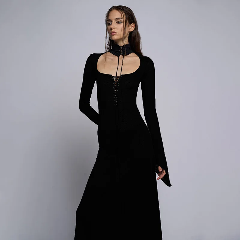 2025 Spring Women's Solid Color Knitted Round Neck Hollow Tie Long Sleeve Tight Lengthened Basic Dress