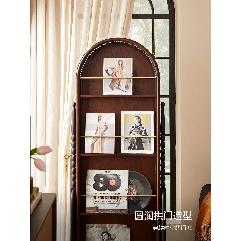 French retro solid wood movable full-length mirror small apartment living room home medieval magazine display cabinet